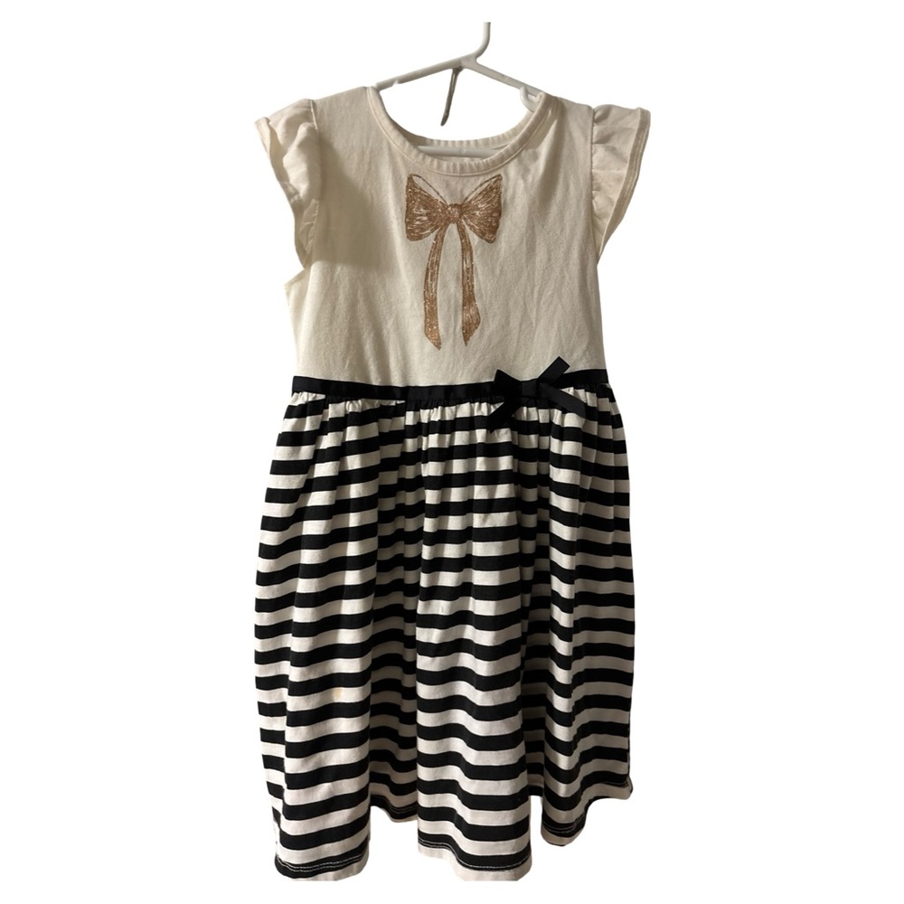 Epic Threads Cream Black & White Striped Dress with Gold Bow Glitter Graphic 6X